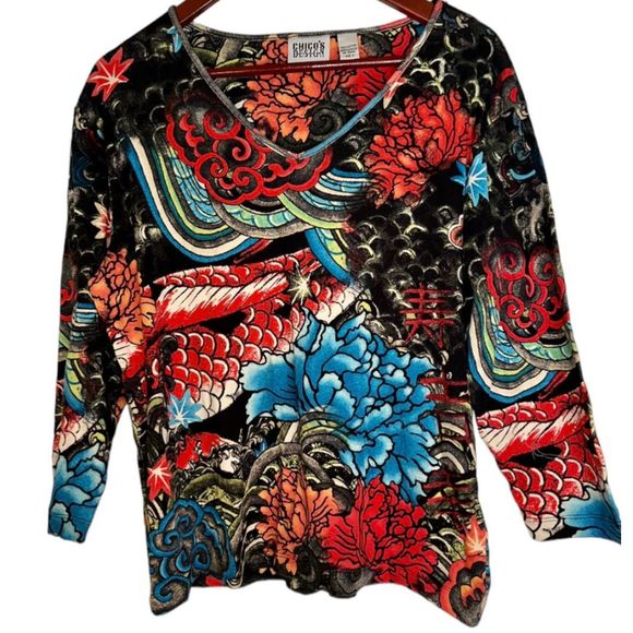 Chico's Tops - Chico’s Design Womens XL Vintage Multicolored Tattoo Artsy Vneck T-shirt